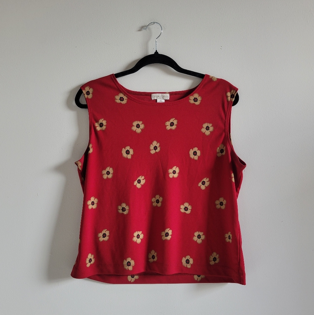 Vintage Casual Corner Floral Tank Top Size XL Red Tan Black Cropped
